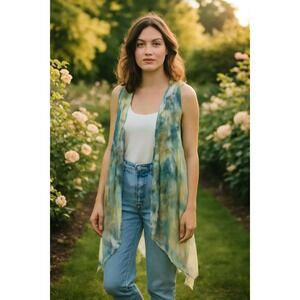 Pretty Woman XL Flowy Fairy Kimono Vest Butterfly Garden Floral Print Sheer Mesh